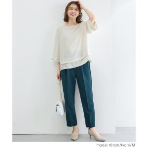 Honeys トップス ブラウス オフィス きれいめ レイヤード風ブラウス レイヤード風 ７分袖 フレア袖 無地 ツイル レディース ハニーズ ７分レイヤード風ブラウス